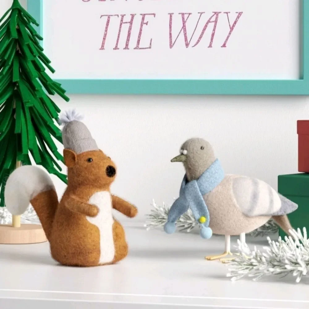 2pc Felted Wool Squirrel & Pigeon Christmas Animal Figurine Set Decor Wondershop